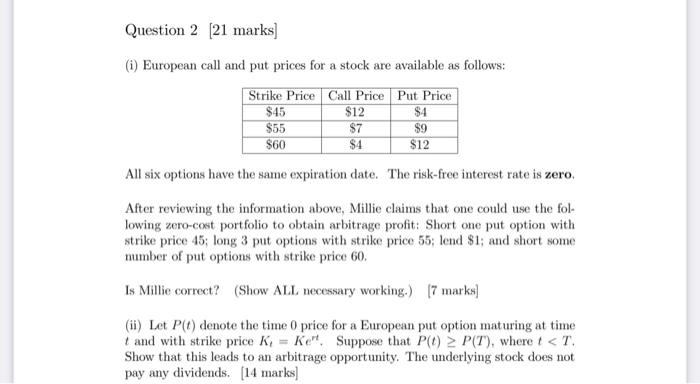 Question 2 21 Marks 1 European Call And Put Prices For A Stock Are Available As Follows Strike Price Call Price Put 1