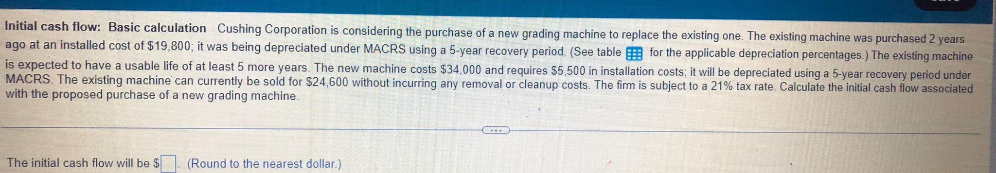 Initial Cash Flow Basic Calculation Cushing Corporation Is Considering The Purchase Of A New Grading Machine To Rep 1