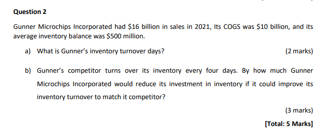 Question 2 Gunner Microchips Incorporated Had 16 Billion In Sales In 2021 Its Cogs Was 10 Billion And Its Average In 1