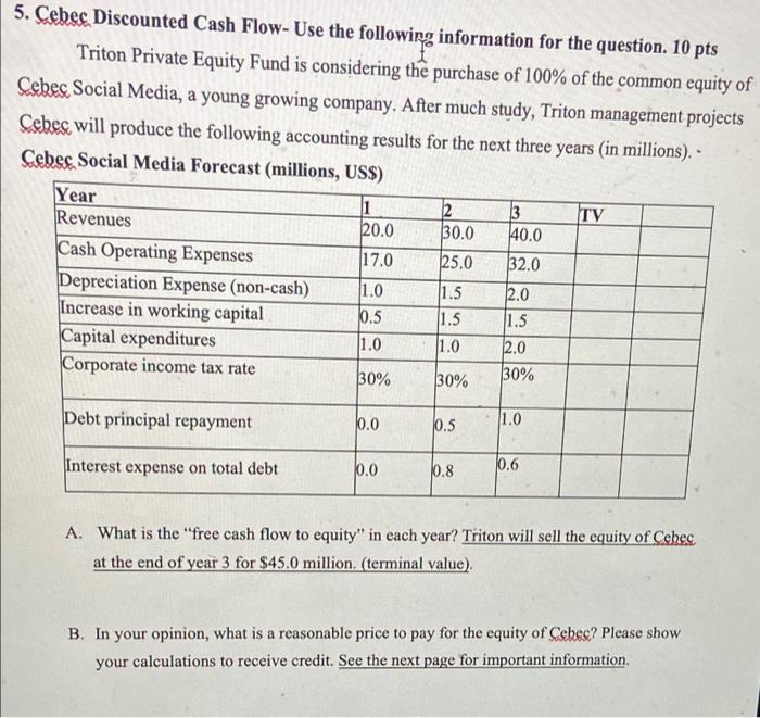 5 Cebec Discounted Cash Flow Use The Following Information For The Question 10 Pts Triton Private Equity Fund Is Cons 1