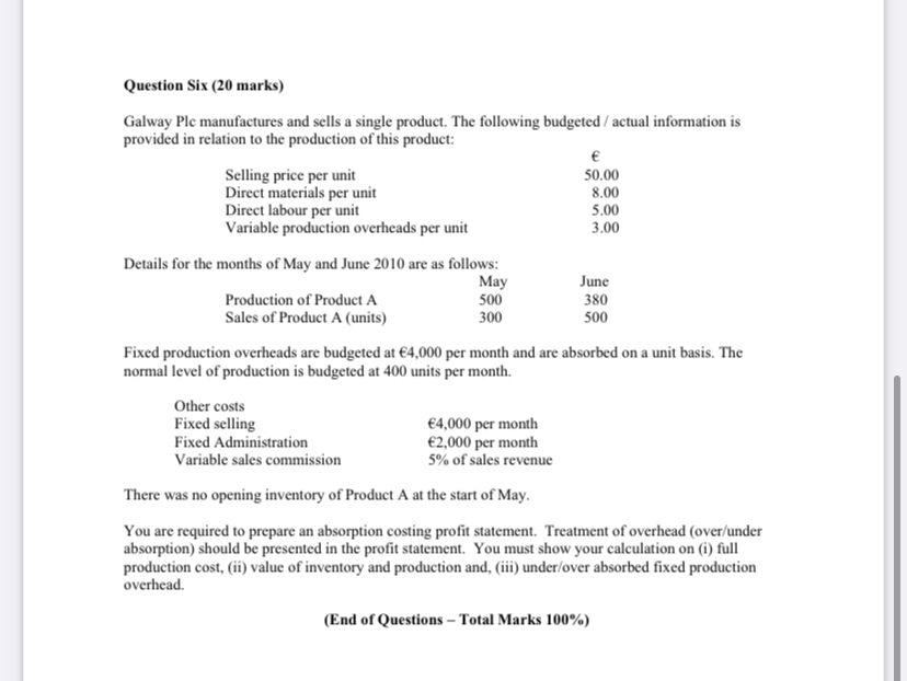 500 Question Six 20 Marks Galway Plc Manufactures And Sells A Single Product The Following Budgeted Actual Informat 1