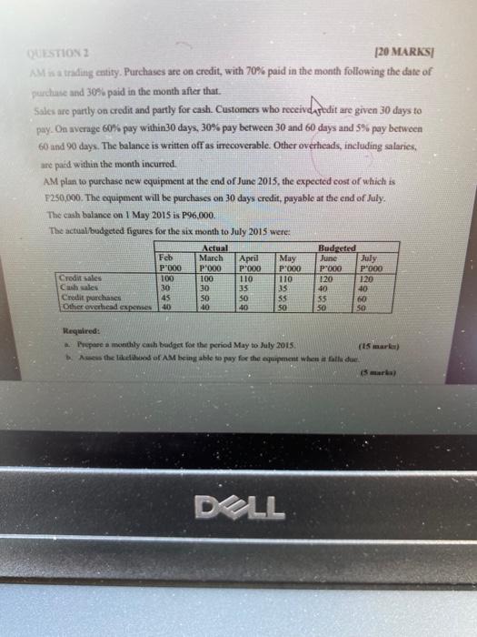 Question 120 Marks A Is A Trading Entity Purchases Are On Credit With 70 Paid In The Month Following The Date Of Purc 1