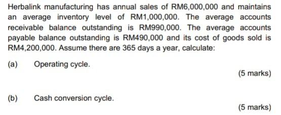 Herbalink Manufacturing Has Annual Sales Of Rm6 000 000 And Maintains An Average Inventory Level Of Rm1 000 000 The Ave 1