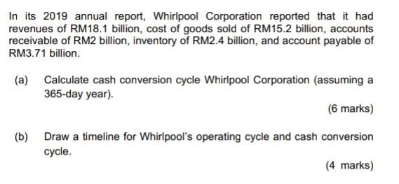 In Its 2019 Annual Report Whirlpool Corporation Reported That It Had Revenues Of Rm18 1 Billion Cost Of Goods Sold Of 1