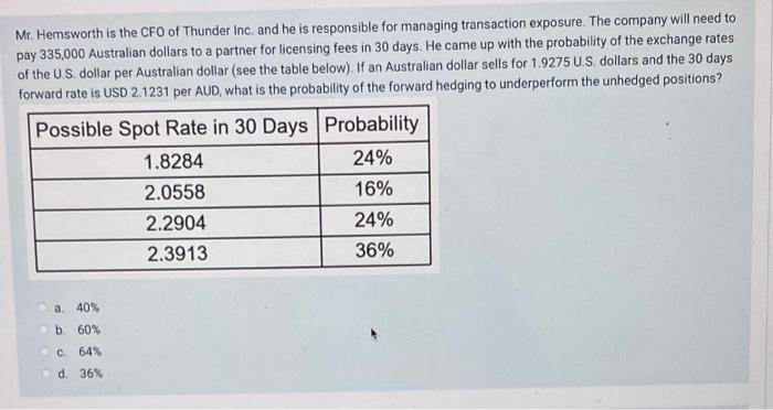 Mr Hemsworth Is The Cfo Of Thunder Inc And He Is Responsible For Managing Transaction Exposure The Company Will Need 1