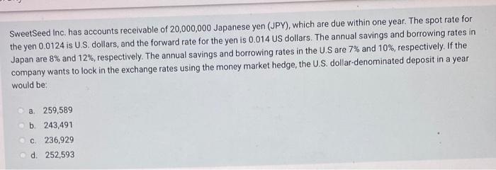Sweetseed Inc Has Accounts Receivable Of 20 000 000 Japanese Yen Jpy Which Are Due Within One Year The Spot Rate Fo 1