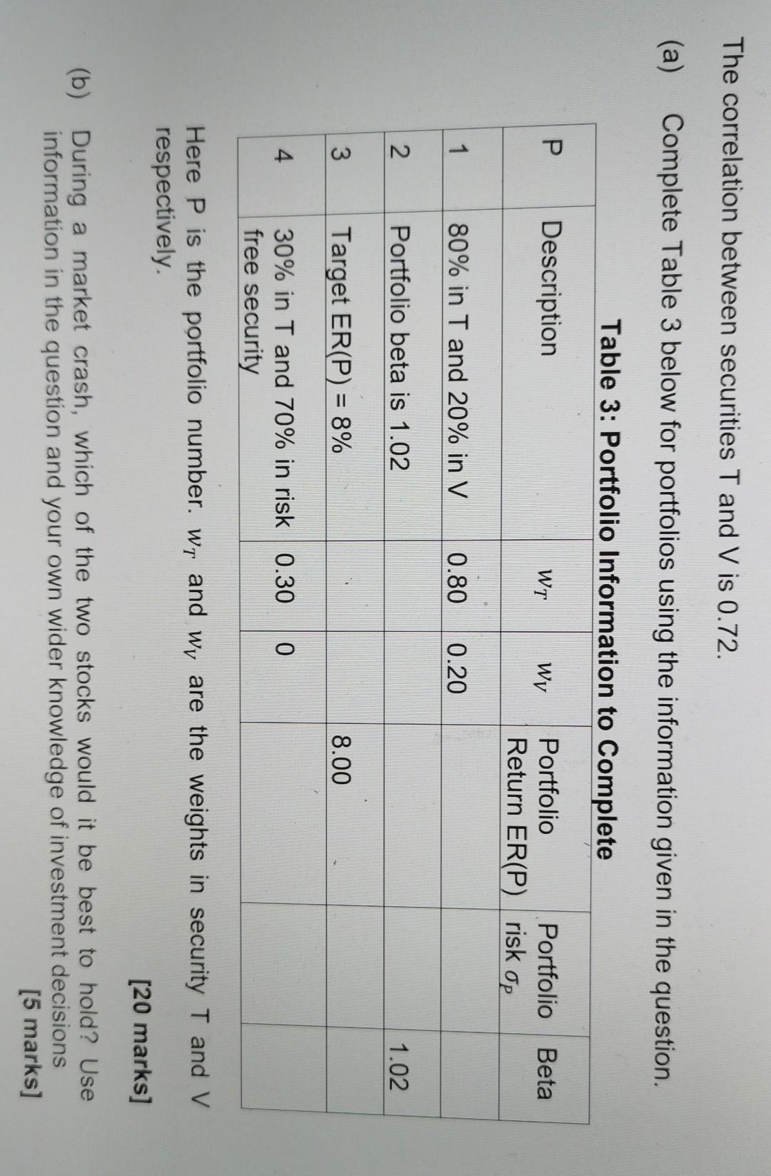 The Correlation Between Securities T And V Is 0 72 A Complete Table 3 Below For Portfolios Using The Information Give 1