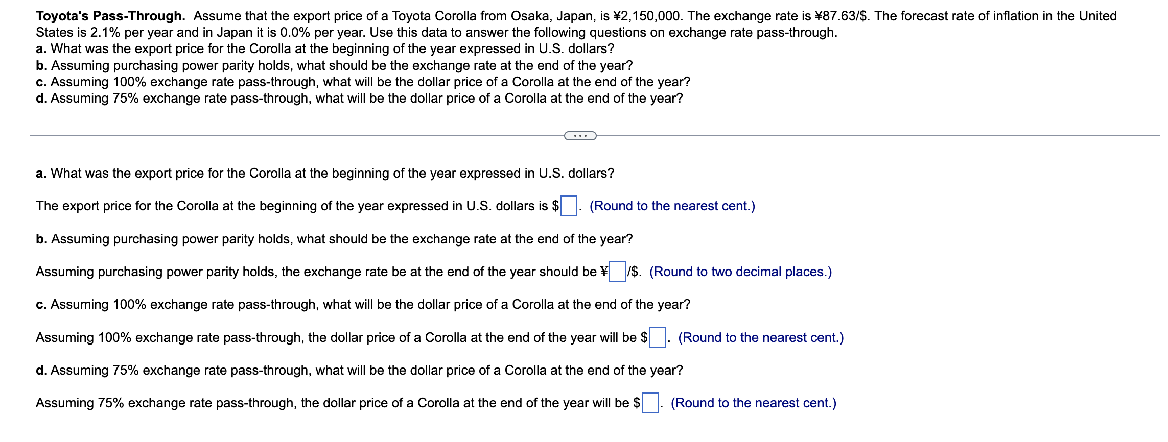 Toyota S Pass Through Assume That The Export Price Of A Toyota Corolla From Osaka Japan Is 2 150 000 The Exchange R 1