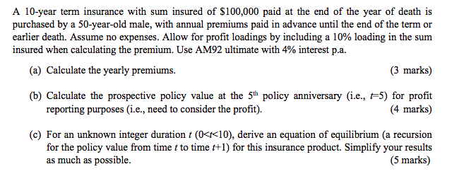 A 10 Year Term Insurance With Sum Insured Of 100 000 Paid At The End Of The Year Of Death Is Purchased By A 50 Year Old 1