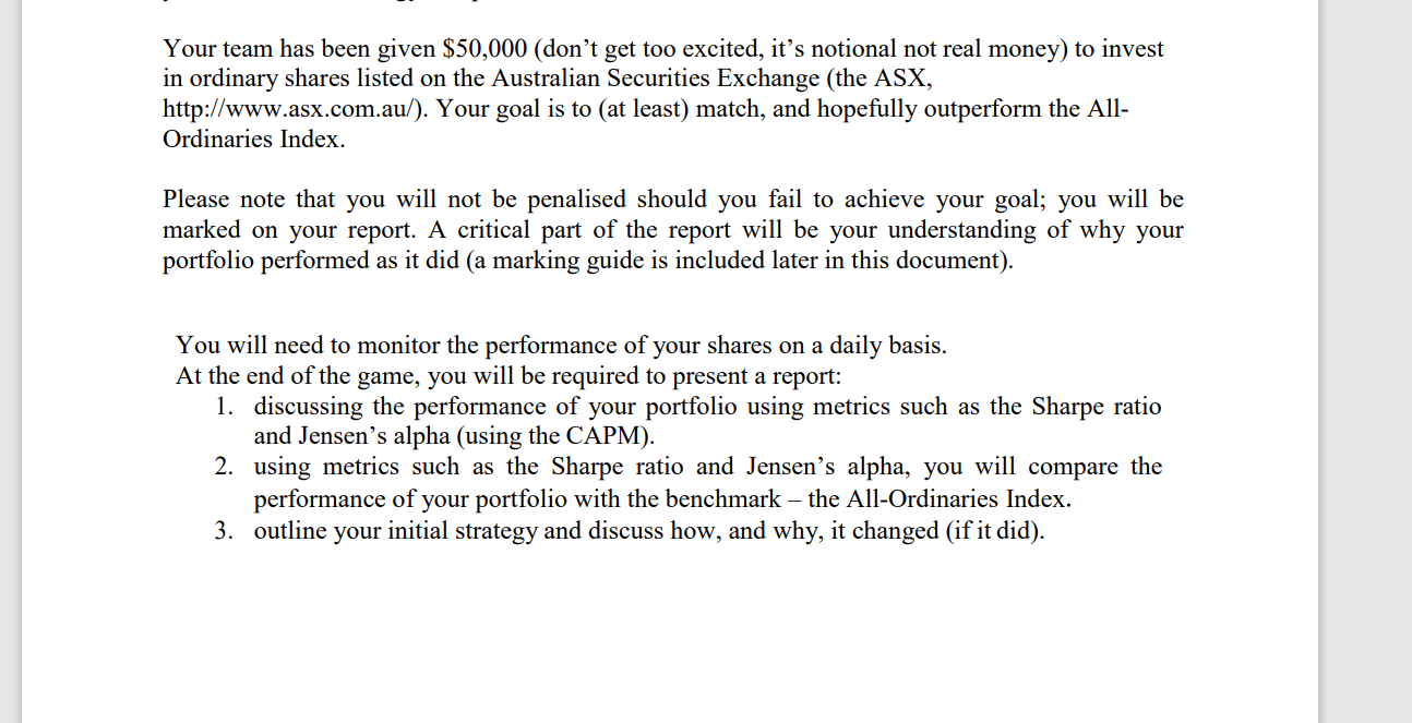 Your Team Has Been Given 50 000 Don T Get Too Excited It S Notional Not Real Money To Invest In Ordinary Shares List 1