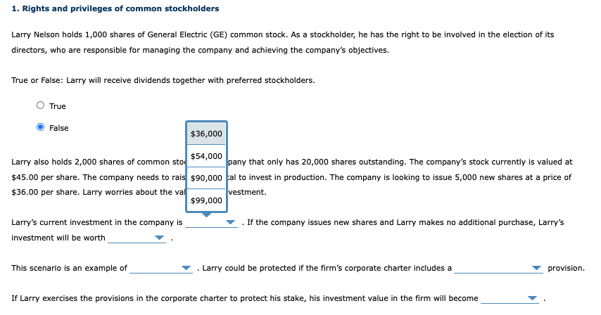 1 Rights And Privileges Of Common Stockholders Larry Nelson Holds 1 000 Shares Of General Electric Ge Comm Mmon Stock 1