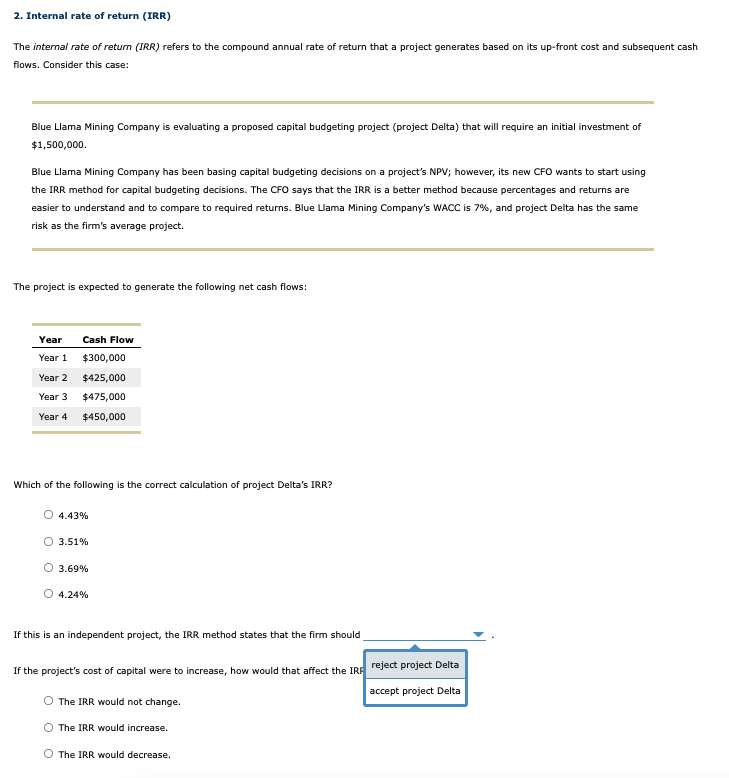 2 Internal Rate Of Return Irr The Internal Rate Of Return Irr Refers To The Compound Annual Rate Of Return That A P 1
