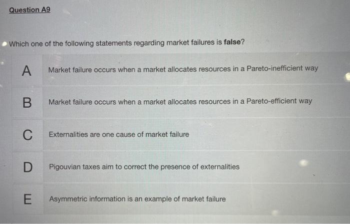 Question A9 Which One Of The Following Statements Regarding Market Failures Is False A Market Failure Occurs When A Mar 1