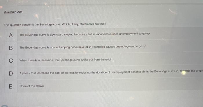 Question A24 This Question Concerns The Beveridge Curve Which If Any Statements Are True A The Beveridge Curve Is Do 1
