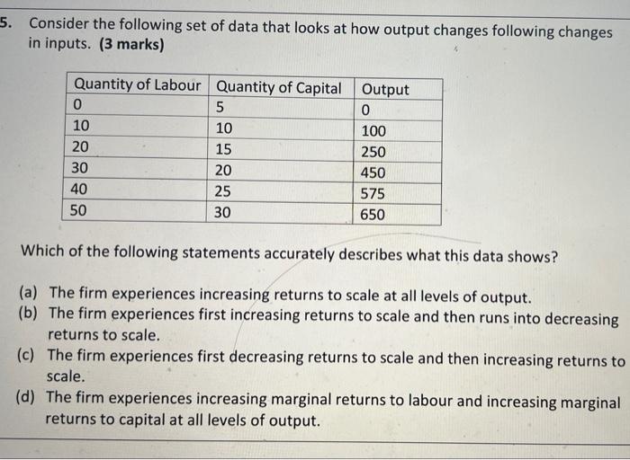 5 Consider The Following Set Of Data That Looks At How Output Changes Following Changes In Inputs 3 Marks Quantity O 1