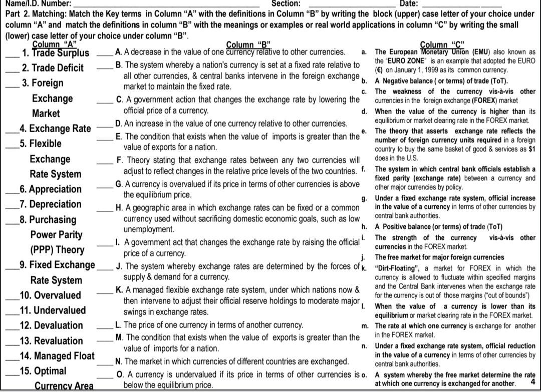 E Name L D Number Section Date Part 2 Matching Match The Key Terms In Column A With The Definitions In Column 1