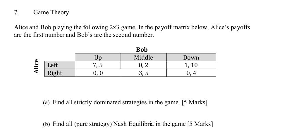 7 Game Theory Alice And Bob Playing The Following 2x3 Game In The Payoff Matrix Below Alice S Payoffs Are The First N 1