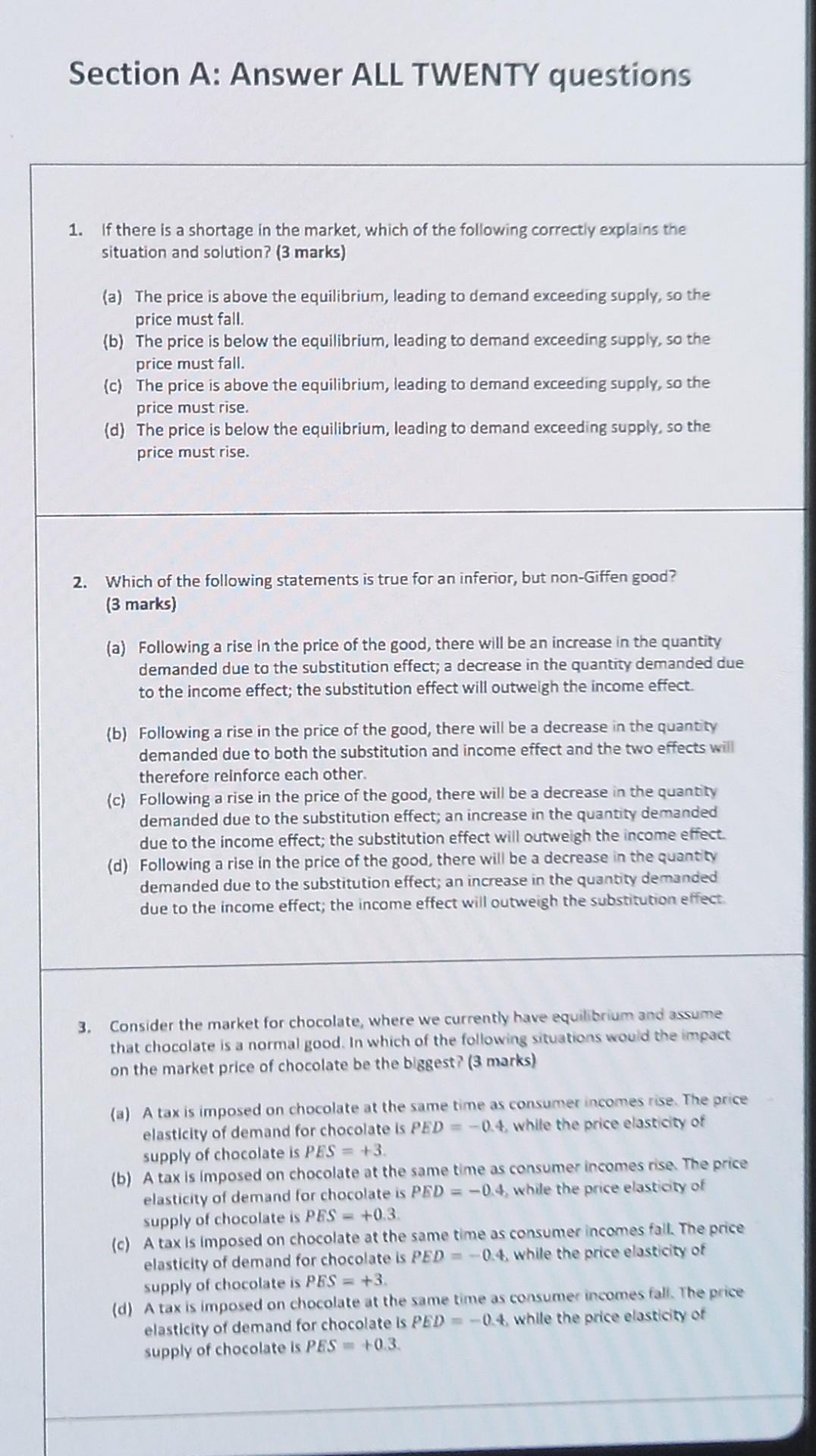 Section A Answer All Twenty Questions 1 If There Is A Shortage In The Market Which Of The Following Correctly Explain 1