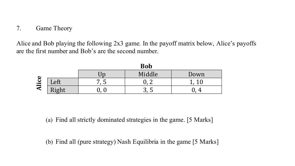 7 Game Theory Alice And Bob Playing The Following 2x3 Game In The Payoff Matrix Below Alice S Payoffs Are The First N 1