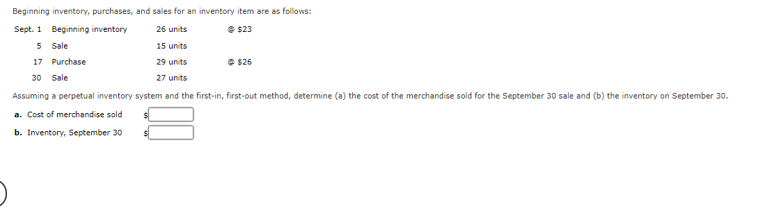 Beginning Inventory Purchases And Sales For An Inventory Item Are As Follows Sept 1 Beginning Inventory 26 Units 1