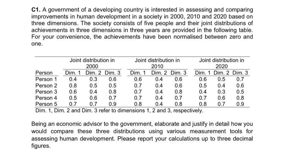 C1 A Government Of A Developing Country Is Interested In Assessing And Comparing Improvements In Human Development In A 1