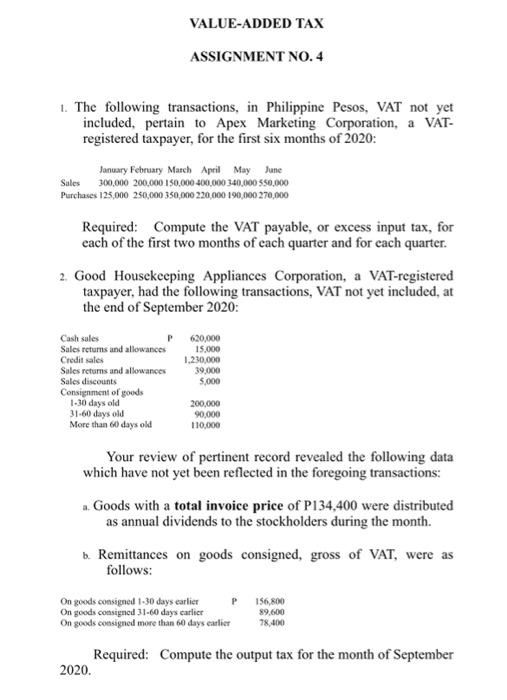 Value Added Tax Assignment No 4 1 The Following Transactions In Philippine Pesos Vat Not Yet Included Pertain To Ap 1