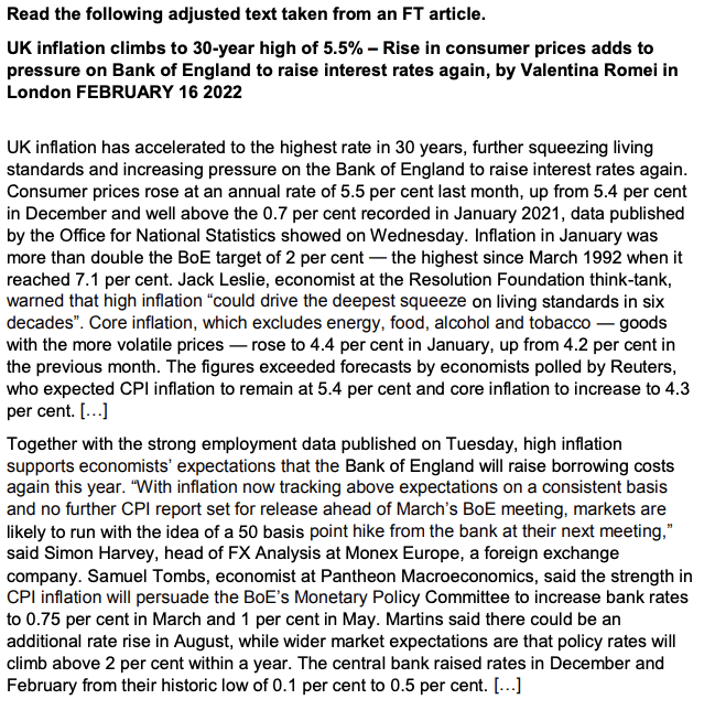 Read The Following Adjusted Text Taken From An Ft Article Uk Inflation Climbs To 30 Year High Of 5 5 Rise In Consume 1