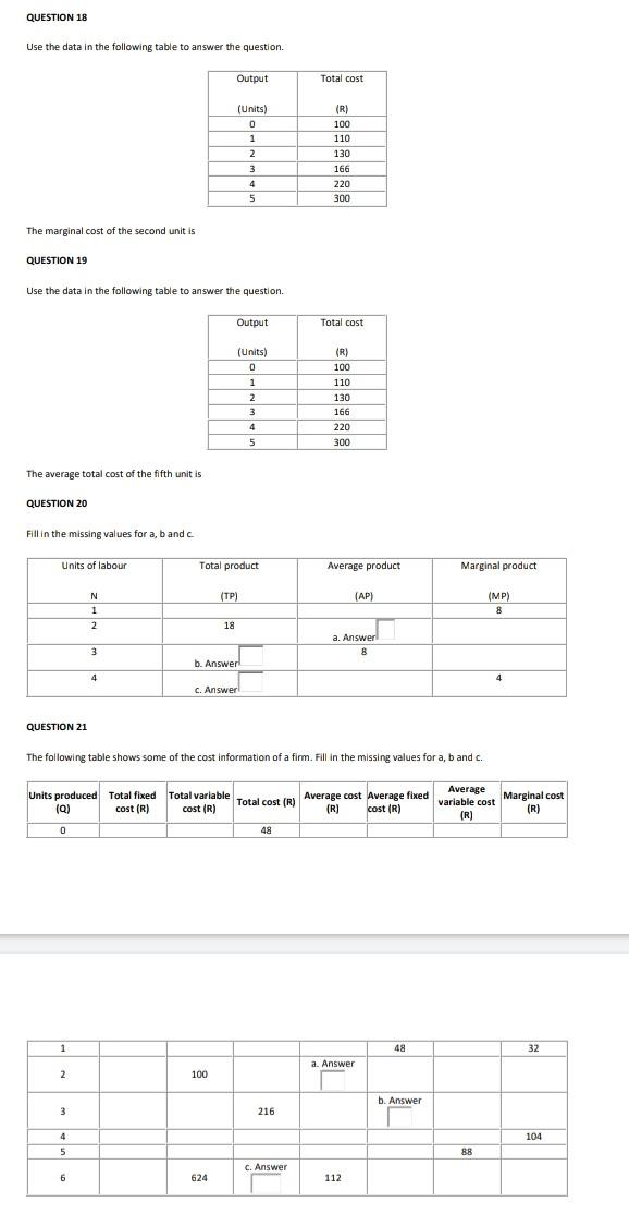 Question 18 Use The Data In The Following Table To Answer The Question Output Total Cost Units 0 1 2 3 3 4 R 100 11 1