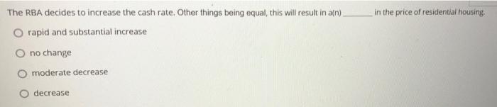 In The Price Of Residential Housing The Rba Decides To Increase The Cash Rate Other Things Being Equal This Will Resu 1
