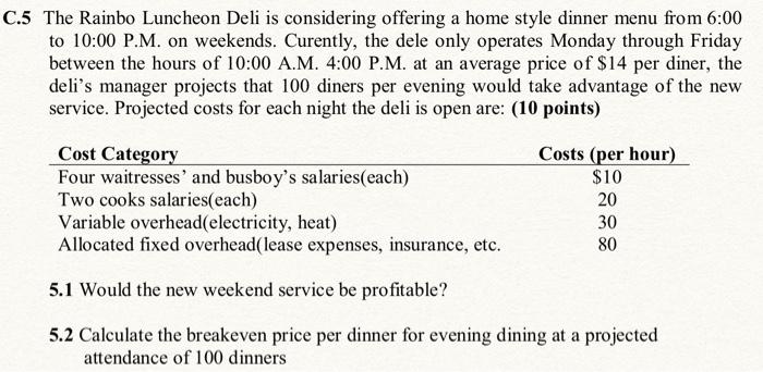 C 5 The Rainbo Luncheon Deli Is Considering Offering A Home Style Dinner Menu From 6 00 To 10 00 P M On Weekends Curen 1