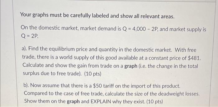 Your Graphs Must Be Carefully Labeled And Show All Relevant Areas On The Domestic Market Market Demand Is Q 4 000 1