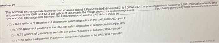 Bestion 67 The Nominal Exchange Rate Between The Lebanese Pound Lp And The Uae Dirham Aed 0 002aedlp The Price Of G 1