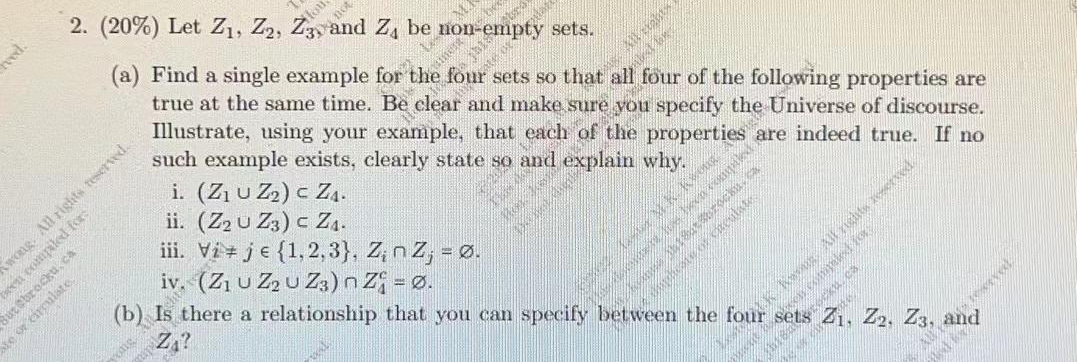 Hed Wan 2 20 Let Z1 Z2 Z3 And Z Be Non Empty Sets A Find A Single Example For The Four Sets So That All Four 1