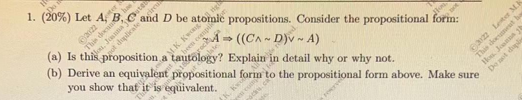 Has Circus 1 20 Let A And D Be Atomic Propositions Consider The Propositional Form A C D V A Proposition 1