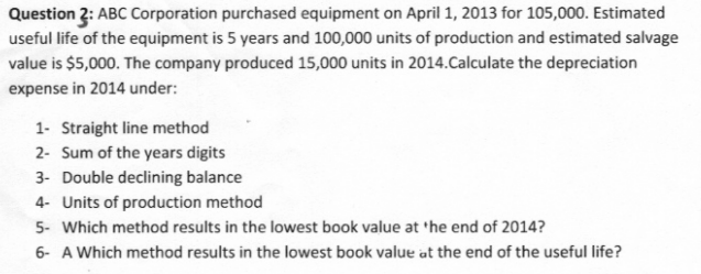 Question 3 Abc Corporation Purchased Equipment On April 1 2013 For 105 000 Estimated Useful Life Of The Equipment Is 1