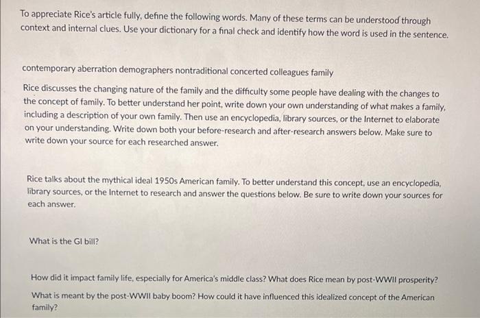To Appreciate Rice S Article Fully Define The Following Words Many Of These Terms Can Be Understood Through Context An 1