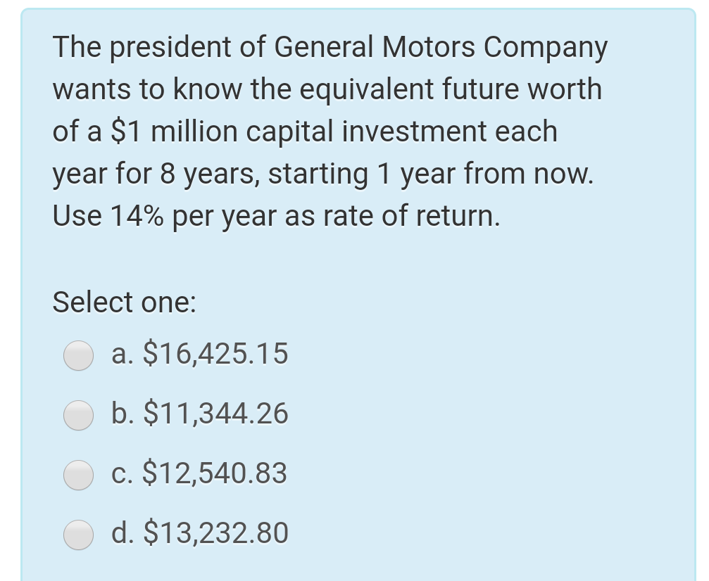 The President Of General Motors Company Wants To Know The Equivalent Future Worth Of A 1 Million Capital Investment Eac 1