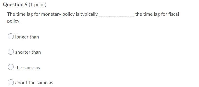 Question 9 1 Point The Time Lag For Fiscal The Time Lag For Monetary Policy Is Typically Policy O Longer Than Shorter 1