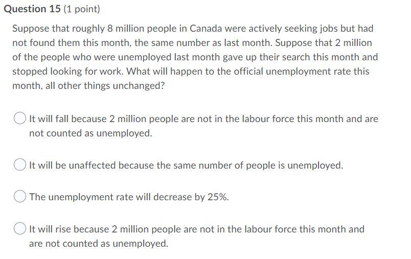 Question 15 1 Point Suppose That Roughly 8 Million People In Canada Were Actively Seeking Jobs But Had Not Found Them 1