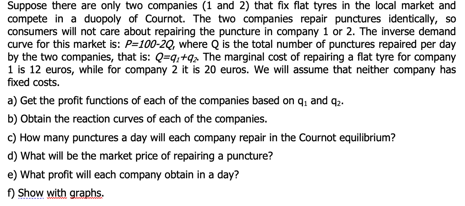 Suppose There Are Only Two Companies 1 And 2 That Fix Flat Tyres In The Local Market And Compete In A Duopoly Of Courn 1