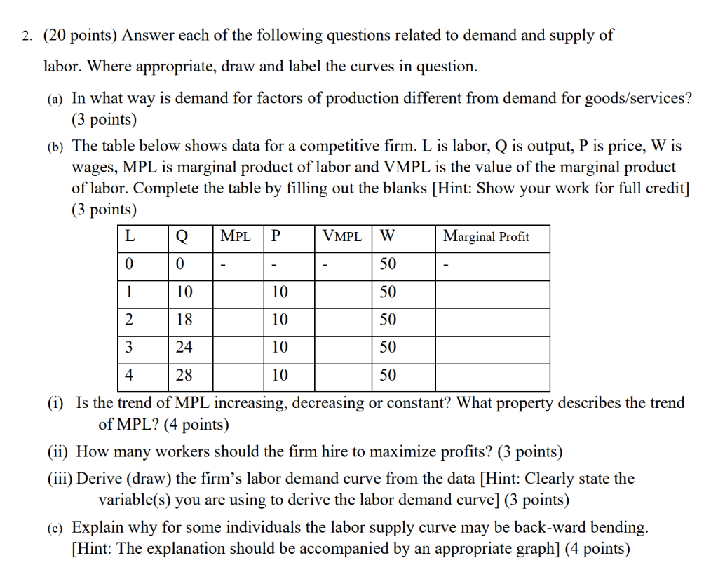 2 20 Points Answer Each Of The Following Questions Related To Demand And Supply Of Labor Where Appropriate Draw And 1