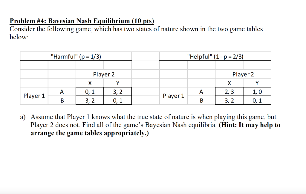 Problem 4 Bayesian Nash Equilibrium 10 Pts Consider The Following Game Which Has Two States Of Nature Shown In The 1