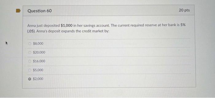 Question 60 20 Pts Anna Just Deposited 1 000 In Her Savings Account The Current Required Reserve At Her Bank Is 5 0 0 1