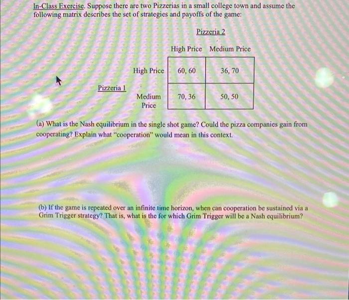 In Class Exercise Suppose There Are Two Pizzerias In A Small College Town And Assume The Following Matrix Describes The 1