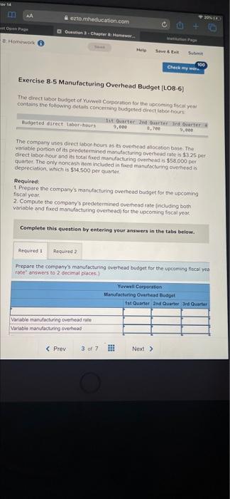Aa Erto Meducation Com 20 Of Open Page Dust Chapter 8 Homework Do Check My Exercise 8 5 Manufacturing Overhead Budget L 1