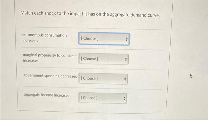 Match Each Shock To The Impact It Has On The Aggregate Demand Curve Autonomous Consumption Increases Choose Marginal P 1