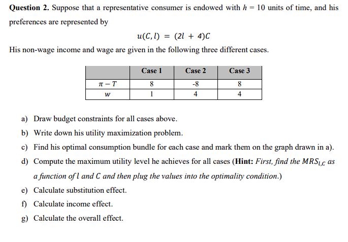 Question 2 Suppose That A Representative Consumer Is Endowed With H 10 Units Of Time And His Preferences Are Represe 1