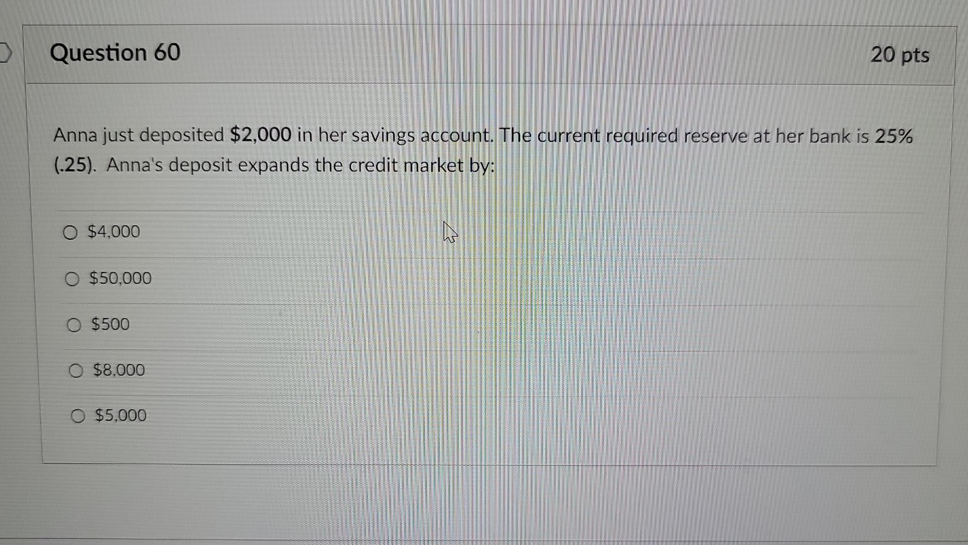 Question 60 20 Pts Anna Just Deposited 2 000 In Her Savings Account The Current Required Reserve At Her Bank Is 25 1