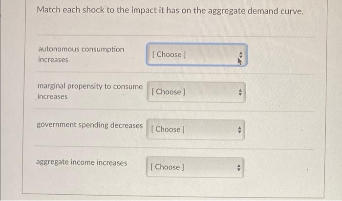 Match Each Shock To The Impact It Has On The Aggregate Demand Curve Autonomous Consumption Increases Choose Marginal 1