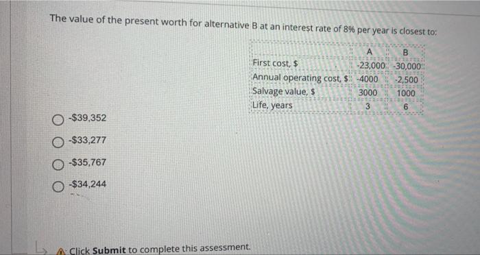 The Value Of The Present Worth For Alternative A At An Interest Rate Of 8 Per Year Is Closest To A B First Cost 23 6